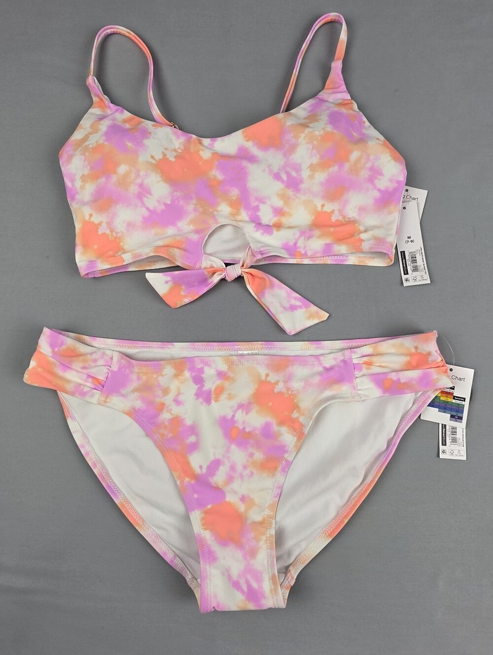 Tie-Dye Bikini Sporty Crop Mid-Rise Full Coverage Cut Out Front Tie Rouching Y2K